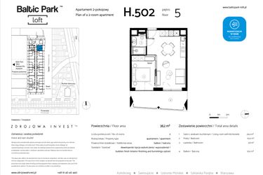 Rzut - Mieszkanie na sprzedaż 2 pokoje o powierzchni 38,2 m² - numer H.502 w Baltic Park Loft