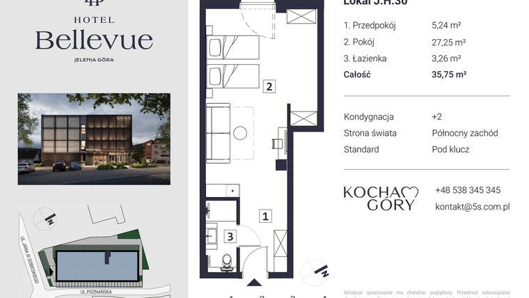 Rzut - Mieszkanie na sprzedaż 1 pokój o powierzchni 35,75 m² - numer 30 w Hotel Bellevue