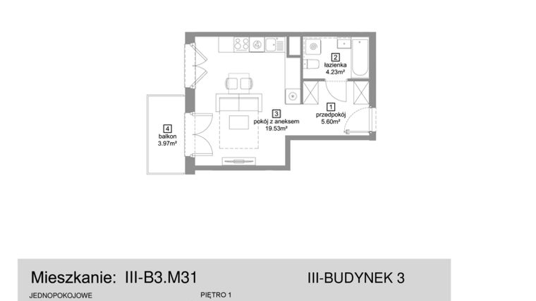 Rzut - Mieszkanie na sprzedaż 1 pokój o powierzchni 29,41 m² - numer III-B3.M31 w Strefa Cegielnia 3