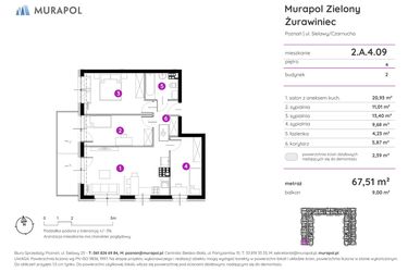Rzut - Mieszkanie na sprzedaż 4 pokoje o powierzchni 67,33 m² - numer 2.A.4.09 w Murapol Zielony Żurawiniec