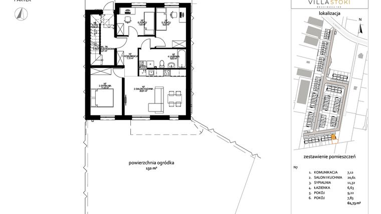 Rzut - Mieszkanie na sprzedaż 4 pokoje o powierzchni 62,27 m² - numer N7 w Villa Stoki (mieszkania)