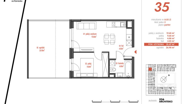 Rzut - Mieszkanie na sprzedaż 2 pokoje o powierzchni 35,47 m² - numer AB1.2 w PUR