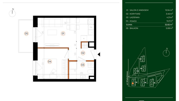Rzut - Mieszkanie na sprzedaż 2 pokoje o powierzchni 32,82 m² - numer 7.15 w Wiaduktowa