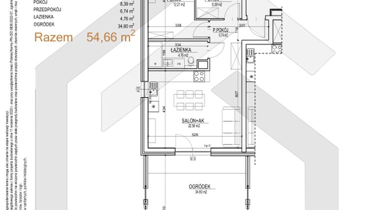 Rzut - Mieszkanie na sprzedaż 3 pokoje o powierzchni 54,66 m² - numer S.00.26 w Sobieskiego 29