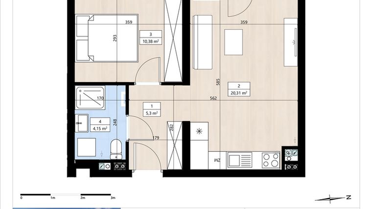 Rzut - Mieszkanie na sprzedaż 2 pokoje o powierzchni 40,16 m² - numer B3/2/25 w Montano bud. B3