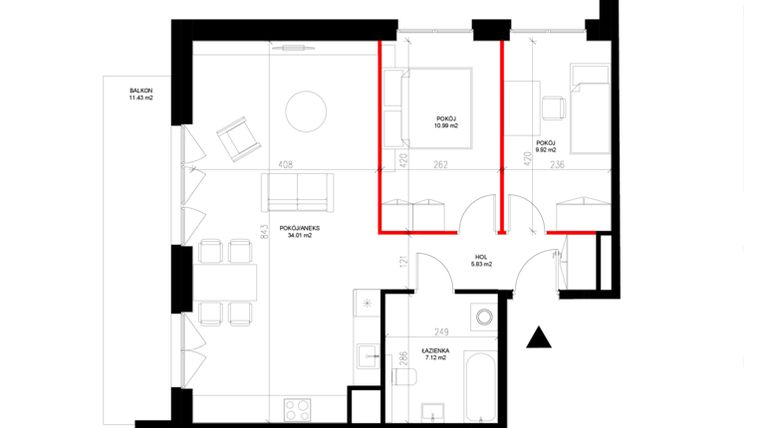 Rzut - Mieszkanie na sprzedaż 3 pokoje o powierzchni 67,87 m² - numer E.1.9 w INSPIRE ETAP IV – bud. E