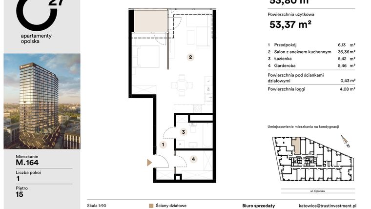 Rzut - Mieszkanie na sprzedaż 1 pokój o powierzchni 53,8 m² - numer M.164 w O27 Apartamenty Opolska