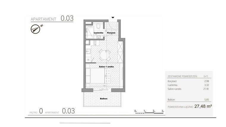 Rzut - Mieszkanie na sprzedaż 1 pokój o powierzchni 27,48 m² - numer 1.3 w Villa Książąt Pomorskich