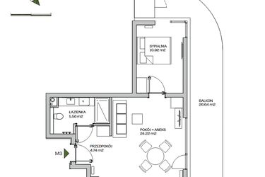 Rzut - Mieszkanie na sprzedaż 2 pokoje o powierzchni 45,44 m² - numer M3 w Zielona Marina - Apartamenty inwestycyjne