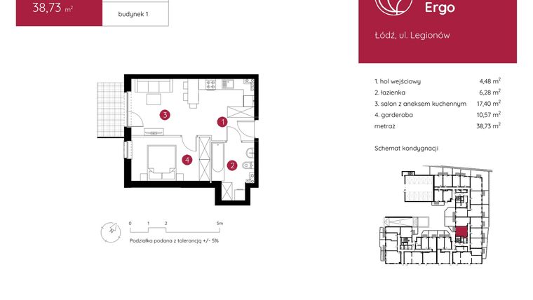 Rzut - Mieszkanie na sprzedaż 1 pokój o powierzchni 38,73 m² - numer 1.B.0.01 w Murapol Ergo