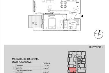 Rzut - Mieszkanie na sprzedaż 2 pokoje o powierzchni 43,29 m² - numer B1-02-24A w Nowa Francuska