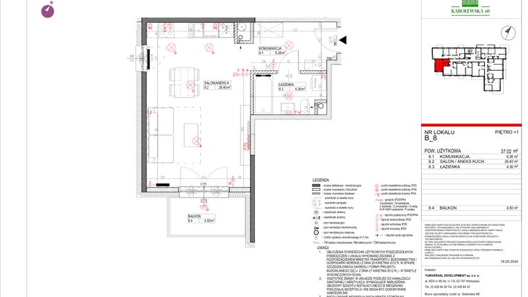 Rzut - Mieszkanie na sprzedaż 1 pokój o powierzchni 37,02 m² - numer B.8 w Karolewska 60
