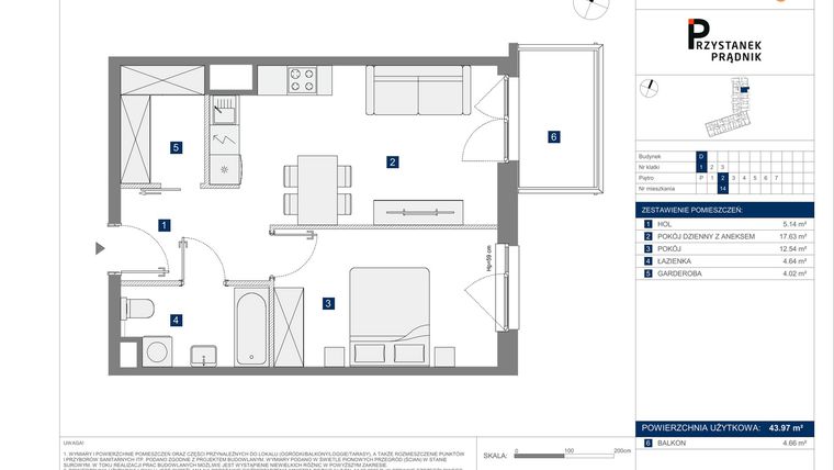 Rzut - Mieszkanie na sprzedaż 2 pokoje o powierzchni 43,97 m² - numer 14 w Przystanek Prądnik