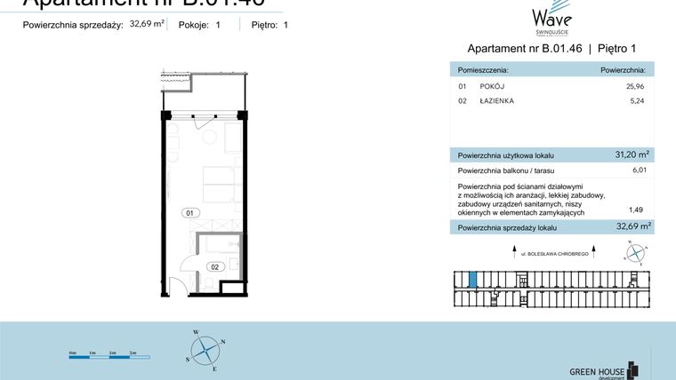 Rzut - Mieszkanie na sprzedaż 1 pokój o powierzchni 32,69 m² - numer B.01.46 w Wave Świnoujście Thermal & Spa