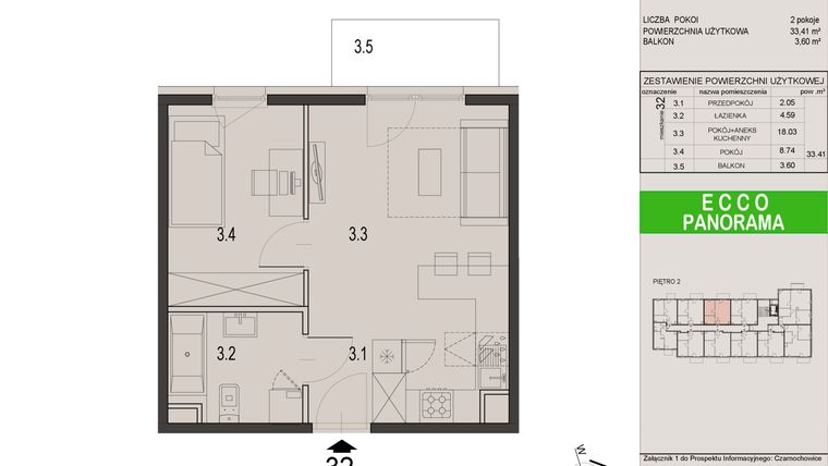 Rzut - Mieszkanie na sprzedaż 2 pokoje o powierzchni 33,41 m² - numer 32C w Ecco Panorama etap II budynki C, D