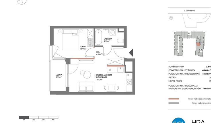 Rzut - Mieszkanie na sprzedaż 2 pokoje o powierzchni 41,34 m² - numer J.2.6 w Łopuszańska 47 - etap 3