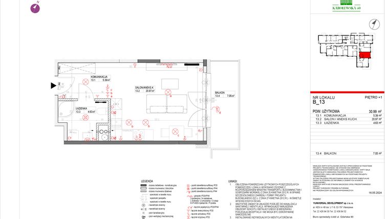 Rzut - Mieszkanie na sprzedaż 1 pokój o powierzchni 31,27 m² - numer B.13 w Karolewska 60