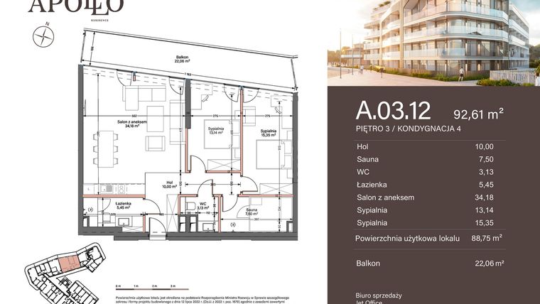 Rzut - Mieszkanie na sprzedaż 3 pokoje o powierzchni 88,75 m² - numer A.3.12 w Apollo Residence