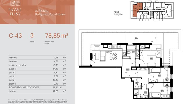 Rzut - Mieszkanie na sprzedaż 4 pokoje o powierzchni 78,85 m² - numer M43_NF.c w Nowe Flisy II