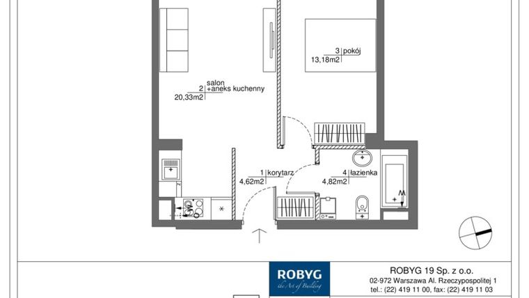 Rzut - Mieszkanie na sprzedaż 2 pokoje o powierzchni 42,95 m² - numer RM/1A/B/4/8 w Rytm Mokotowa - etap 1A