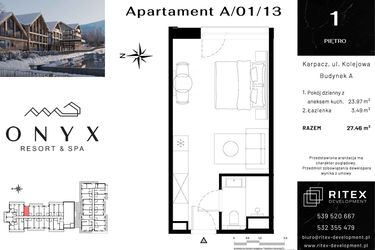 Rzut - Mieszkanie na sprzedaż 1 pokój o powierzchni 27,46 m² - numer 01.A13 w Onyx Resort & Spa