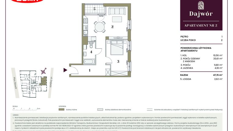Rzut - Mieszkanie na sprzedaż 2 pokoje o powierzchni 47,15 m² - numer 2 w Dajwór