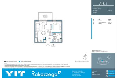 Rzut - Mieszkanie na sprzedaż 1 pokój o powierzchni 33,41 m² - numer A.3.1 w Rakoczego 17