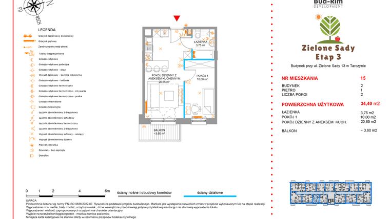 Rzut - Mieszkanie na sprzedaż 2 pokoje o powierzchni 34,4 m² - numer 15 w Zielone Sady etap III B2
