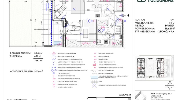 Rzut - Mieszkanie na sprzedaż 1 pokój o powierzchni 39,62 m² - numer 7 w Apartamenty Poligonowa etap 5