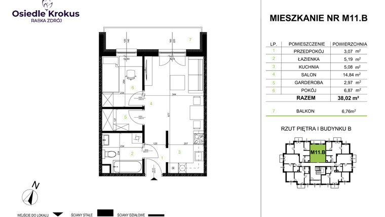 Rzut - Mieszkanie na sprzedaż 2 pokoje o powierzchni 38,02 m² - numer M11.B w Osiedle Krokus etap IV