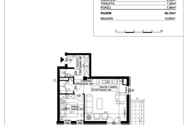 Rzut - Mieszkanie na sprzedaż 2 pokoje o powierzchni 40,78 m² - numer 26A w Ceramika
