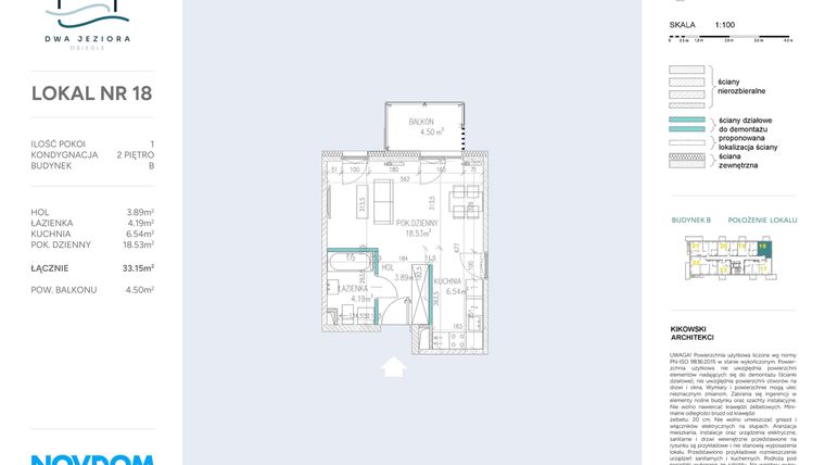 Rzut - Mieszkanie na sprzedaż 1 pokój o powierzchni 33,15 m² - numer B.18 w Dwa Jeziora