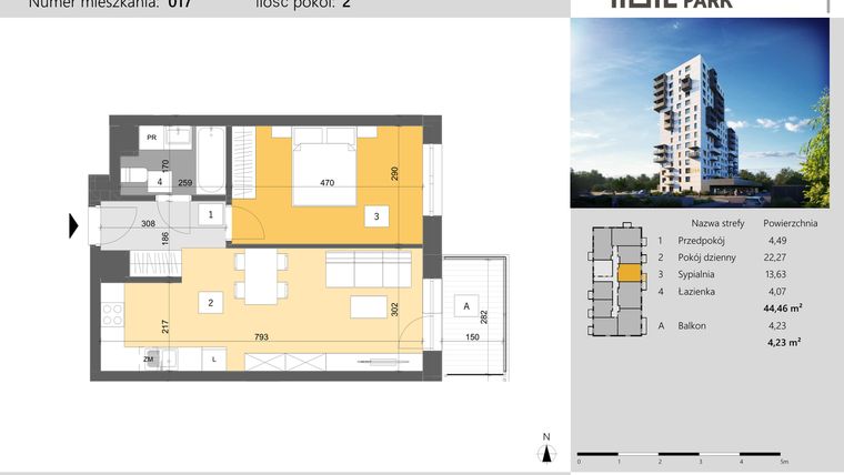 Rzut - Mieszkanie na sprzedaż 2 pokoje o powierzchni 44,46 m² - numer 17 w Dworzysko Park - Etap III
