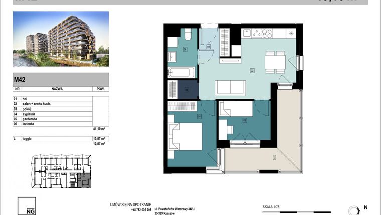 Rzut - Mieszkanie na sprzedaż 3 pokoje o powierzchni 46,1 m² - numer C42 w Panorama Kwiatkowskiego