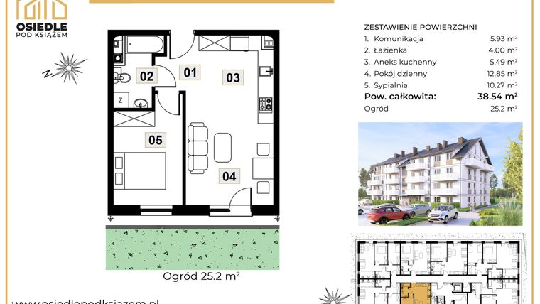 Rzut - Mieszkanie na sprzedaż 2 pokoje o powierzchni 38,54 m² - numer M01 w Osiedle Pod Książem