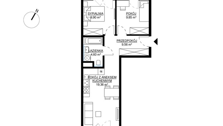 Rzut - Mieszkanie na sprzedaż 3 pokoje o powierzchni 53,27 m² - numer M46 w KWADRAT etap 2