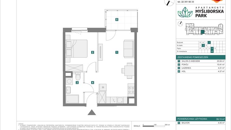 Rzut - Mieszkanie na sprzedaż 2 pokoje o powierzchni 39,13 m² - numer J45 w Apartamenty Myśliborska Park