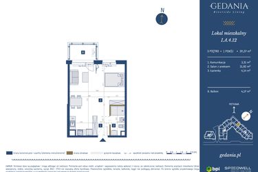 Rzut - Mieszkanie na sprzedaż 1 pokój o powierzchni 39,27 m² - numer I.A.4.12 w GEDANIA Riverside Living