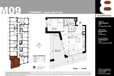 Rzut - Mieszkanie na sprzedaż 2 pokoje o powierzchni 46,74 m² - numer M09 w Sczanieckiej 8