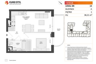 Rzut - Mieszkanie na sprzedaż 2 pokoje o powierzchni 38,21 m² - numer A.14 w Esencja