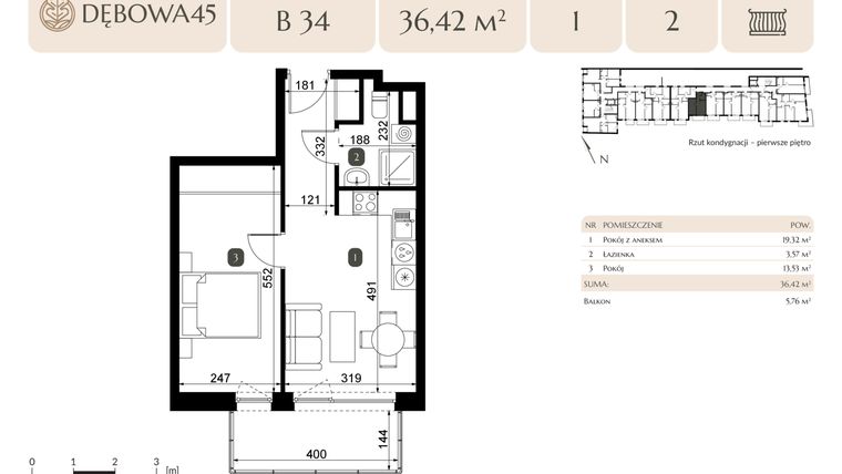 Rzut - Mieszkanie na sprzedaż 2 pokoje o powierzchni 36,42 m² - numer B.34 w Dębowa 45