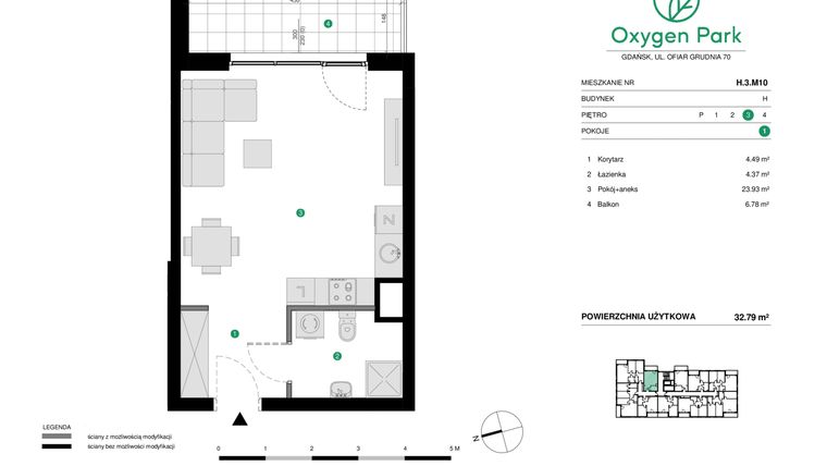 Rzut - Mieszkanie na sprzedaż 1 pokój o powierzchni 32,79 m² - numer H.3.M10 w Oxygen Park etap III