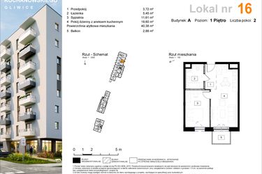 Rzut - Mieszkanie na sprzedaż 2 pokoje o powierzchni 40,38 m² - numer A.16 w Osiedle Kochanowskiego - Gliwice