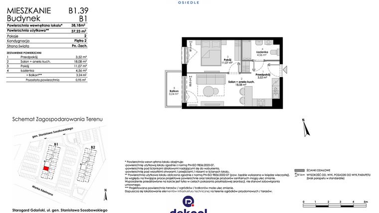 Rzut - Mieszkanie na sprzedaż 2 pokoje o powierzchni 37,23 m² - numer B1.39 w Osiedle Chabrowe