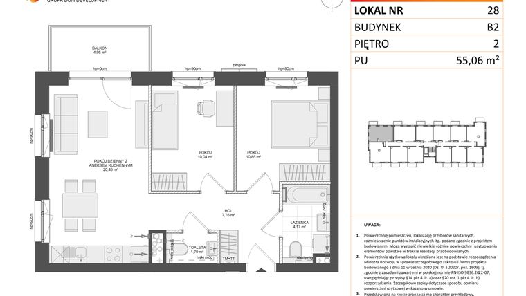 Rzut - Mieszkanie na sprzedaż 3 pokoje o powierzchni 55,06 m² - numer B2.28 w Osiedle Przy Błoniach 3 etap III