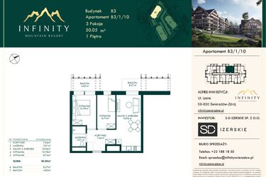 Rzut - Mieszkanie na sprzedaż 3 pokoje o powierzchni 50,05 m² - numer B3.1.10 w Infinity Mountain Resort