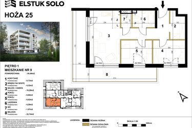 Rzut - Mieszkanie na sprzedaż 3 pokoje o powierzchni 55,46 m² - numer 9 w Hoża 25