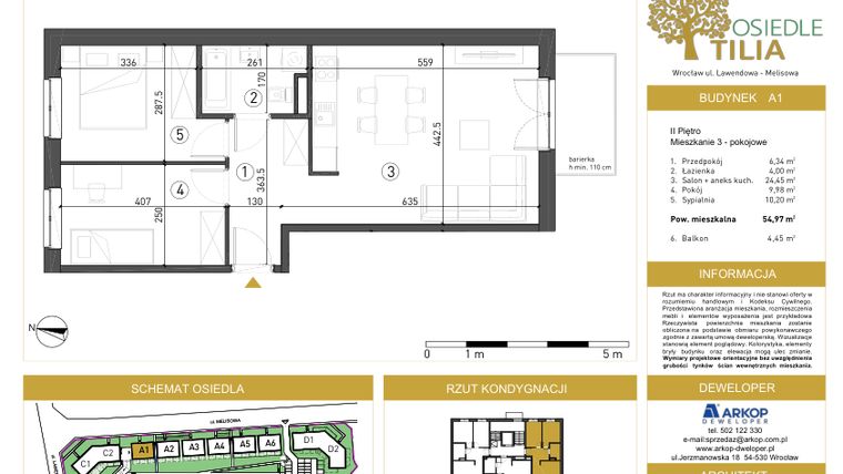 Rzut - Mieszkanie na sprzedaż 3 pokoje o powierzchni 54,97 m² - numer A1/2/7 w Osiedle Tilia