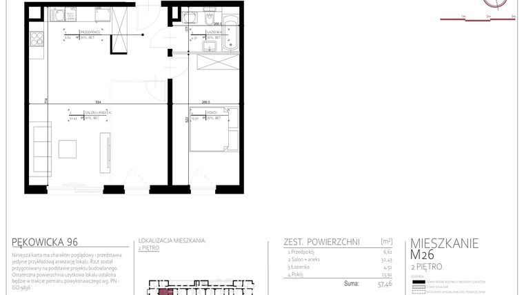 Rzut - Mieszkanie na sprzedaż 2 pokoje o powierzchni 57,46 m² - numer 26 w Pękowicka 96