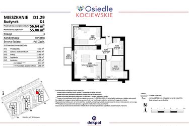 Rzut - Mieszkanie na sprzedaż 3 pokoje o powierzchni 55,08 m² - numer D1.29 w Osiedle Kociewskie etap IV